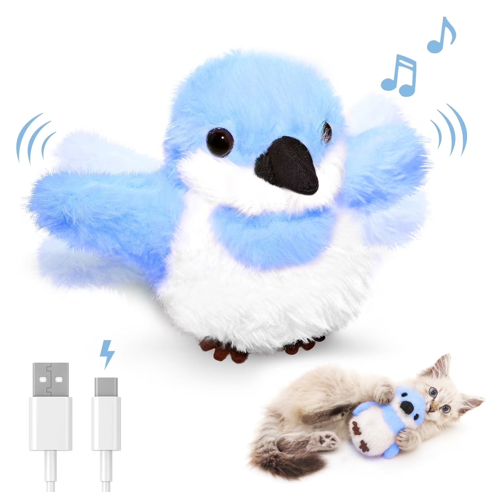Blue Interactive Cat Toy Flapping Bird for Indoor Cats, Rechargeable Touch-Activated Kitten Toy with Catnip, Motorized Bird Toy for All Breeds