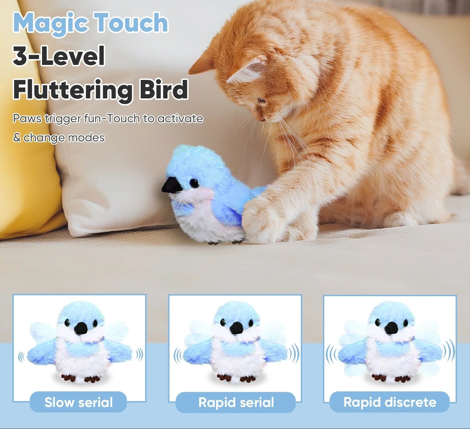 Blue Interactive Cat Toy Flapping Bird for Indoor Cats, Rechargeable Touch-Activated Kitten Toy with Catnip, Motorized Bird Toy for All Breeds