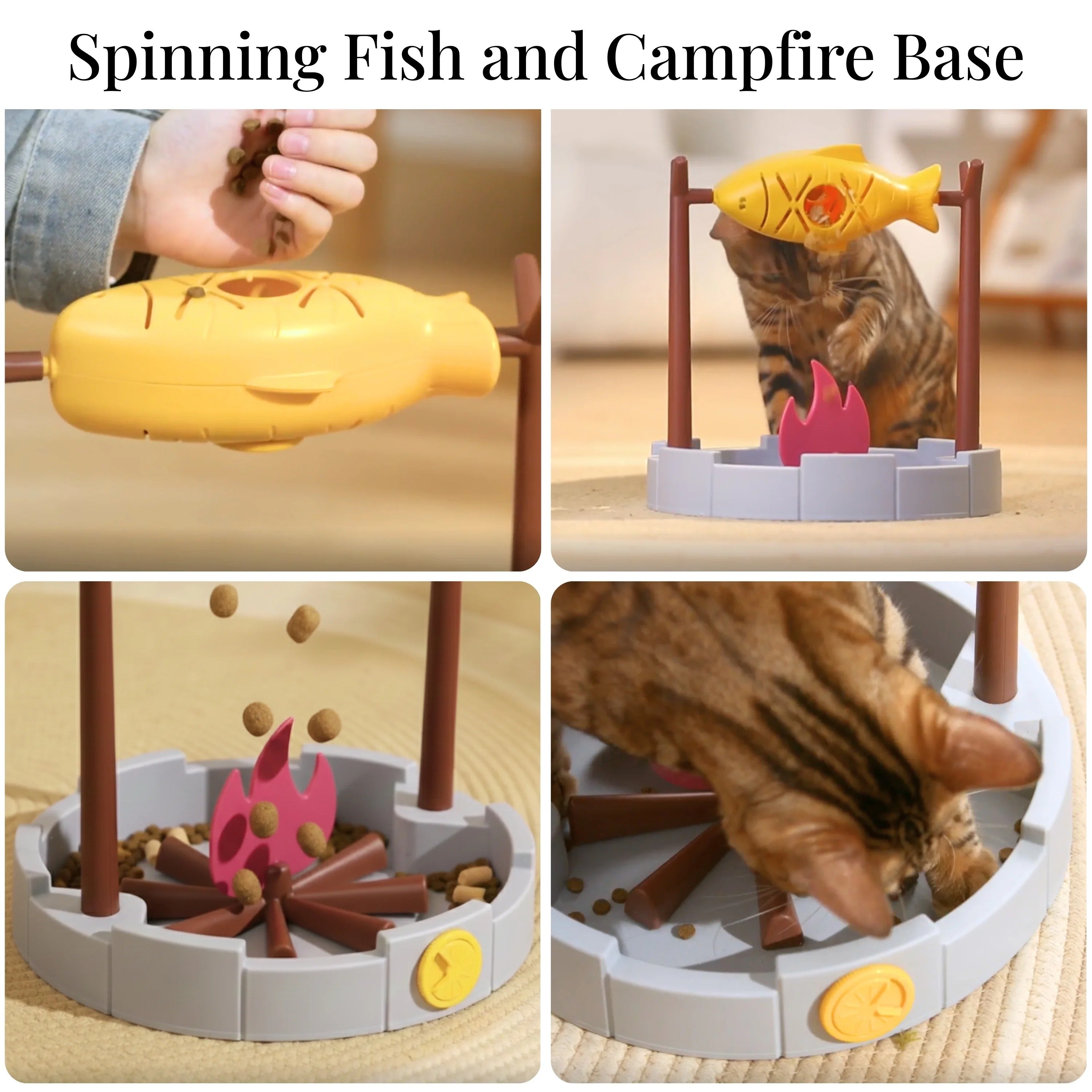Interactive Cat Treat-Dispensing Puzzle Toy, Rotating Grilled Fish Design for Indoor Cats