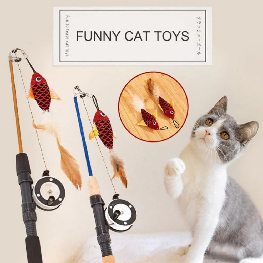 Interactive Cat Feather Wand Toy with Fish-Shaped Teaser, Telescopic Fishing Rod Design, Random Color
