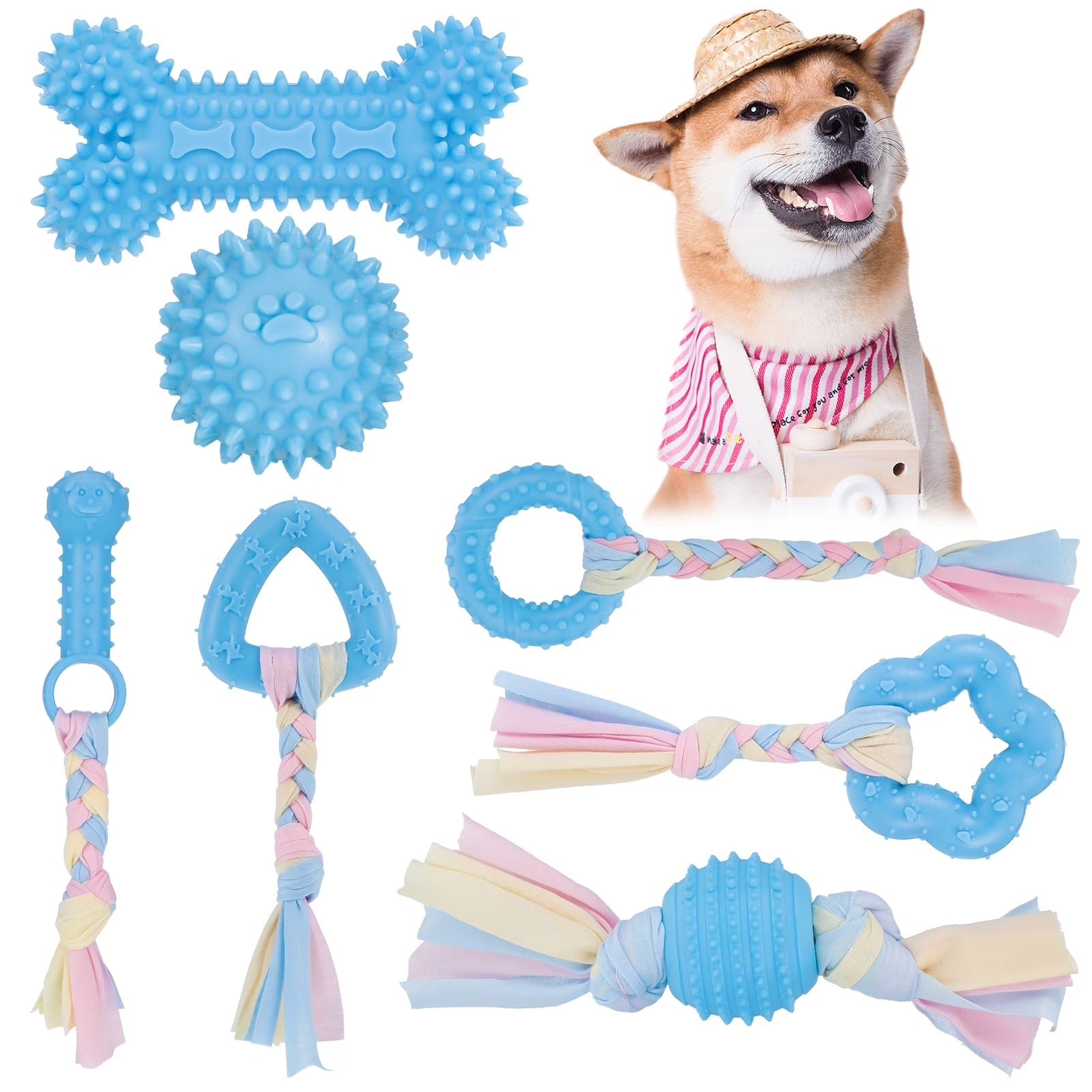 Blue 7 Pack Puppy Chew Toys for Small Dogs Interactive Teething and Gum Massage Rubber and Rope Set