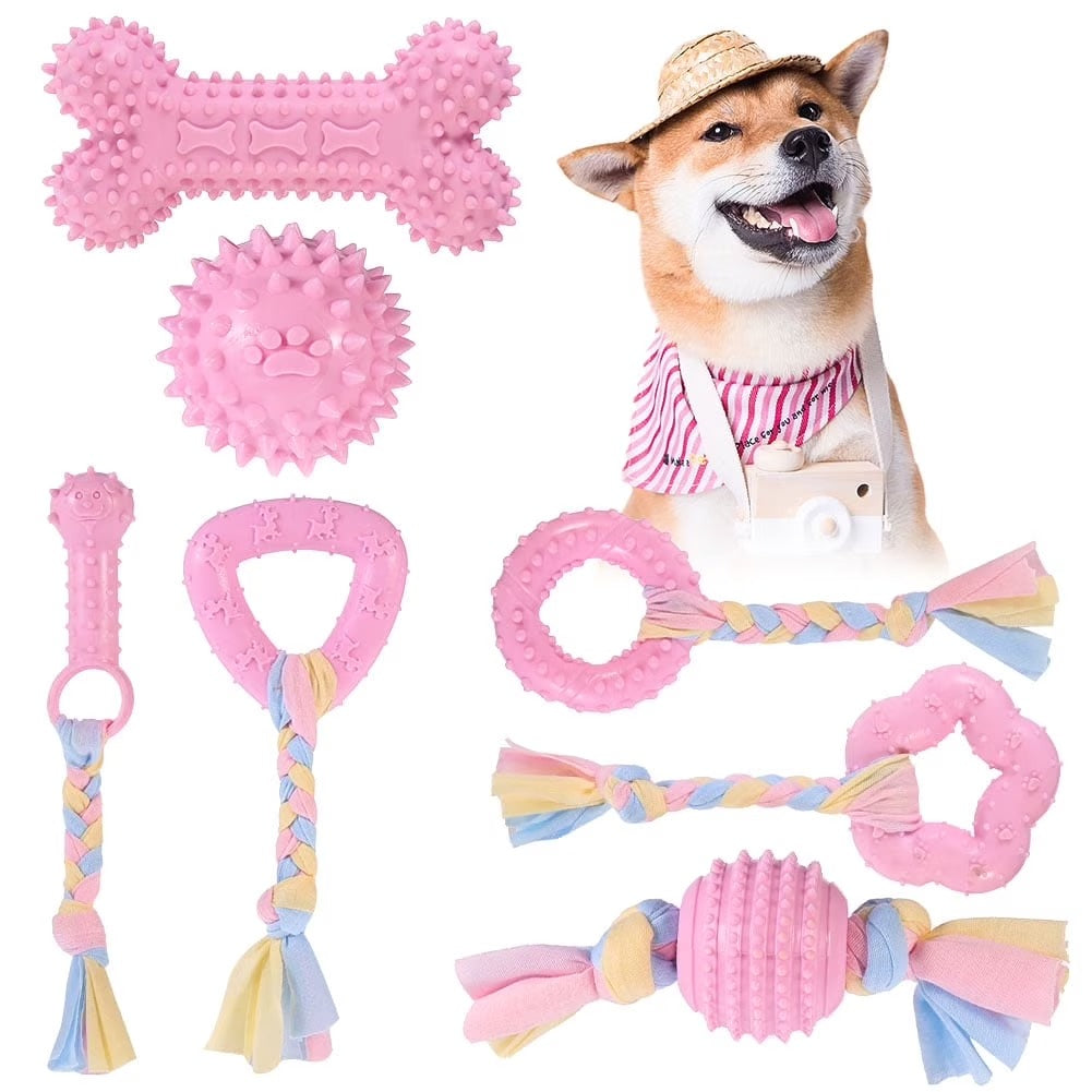 Pink 7 Pack Puppy Chew Toys for Small Dogs Interactive Teething Rubber and Rope Toys for Gum Massage and Dental Care