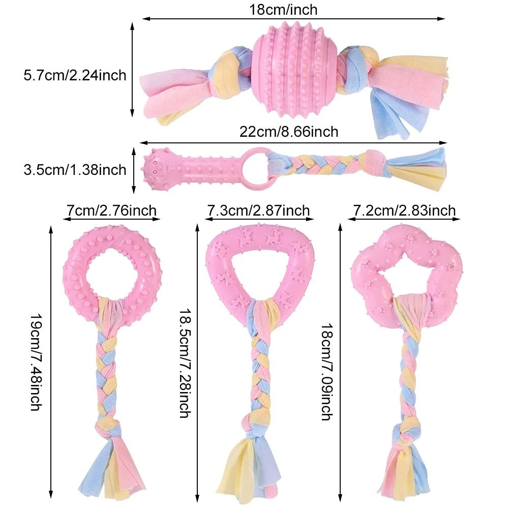 Pink 7 Pack Puppy Chew Toys for Small Dogs Interactive Teething Rubber and Rope Toys for Gum Massage and Dental Care