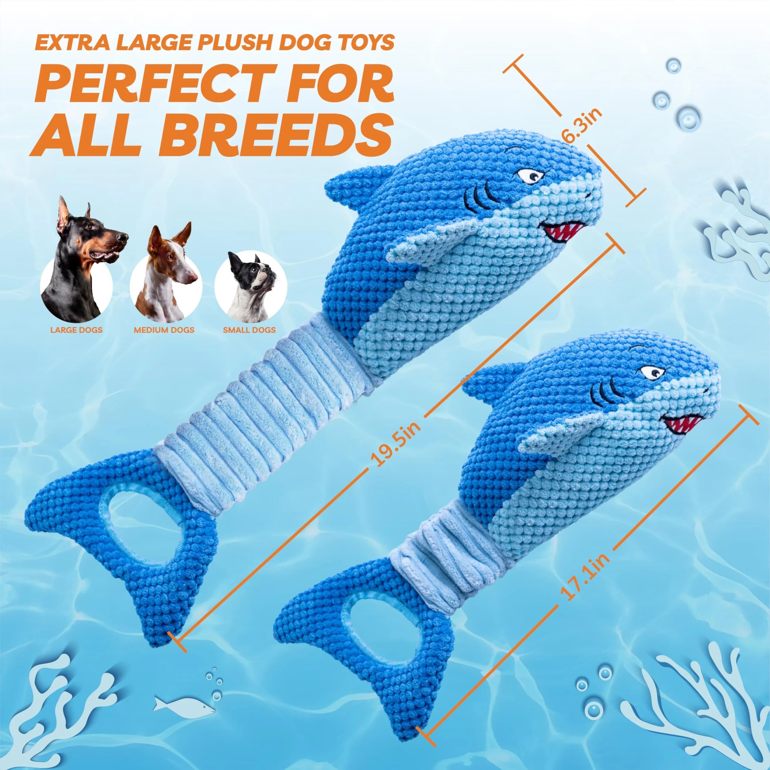 Blue Shark Plush Dog Toy for Large Dogs Interactive Squeaky Chew Toy for Teething Puppies and Aggressive Chewers