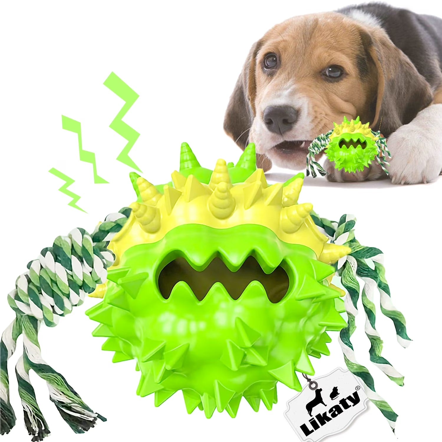 Green Dog Chew Ball for Aggressive Chewers Interactive Teething and Squeaky Toy for Small Medium Large Dogs