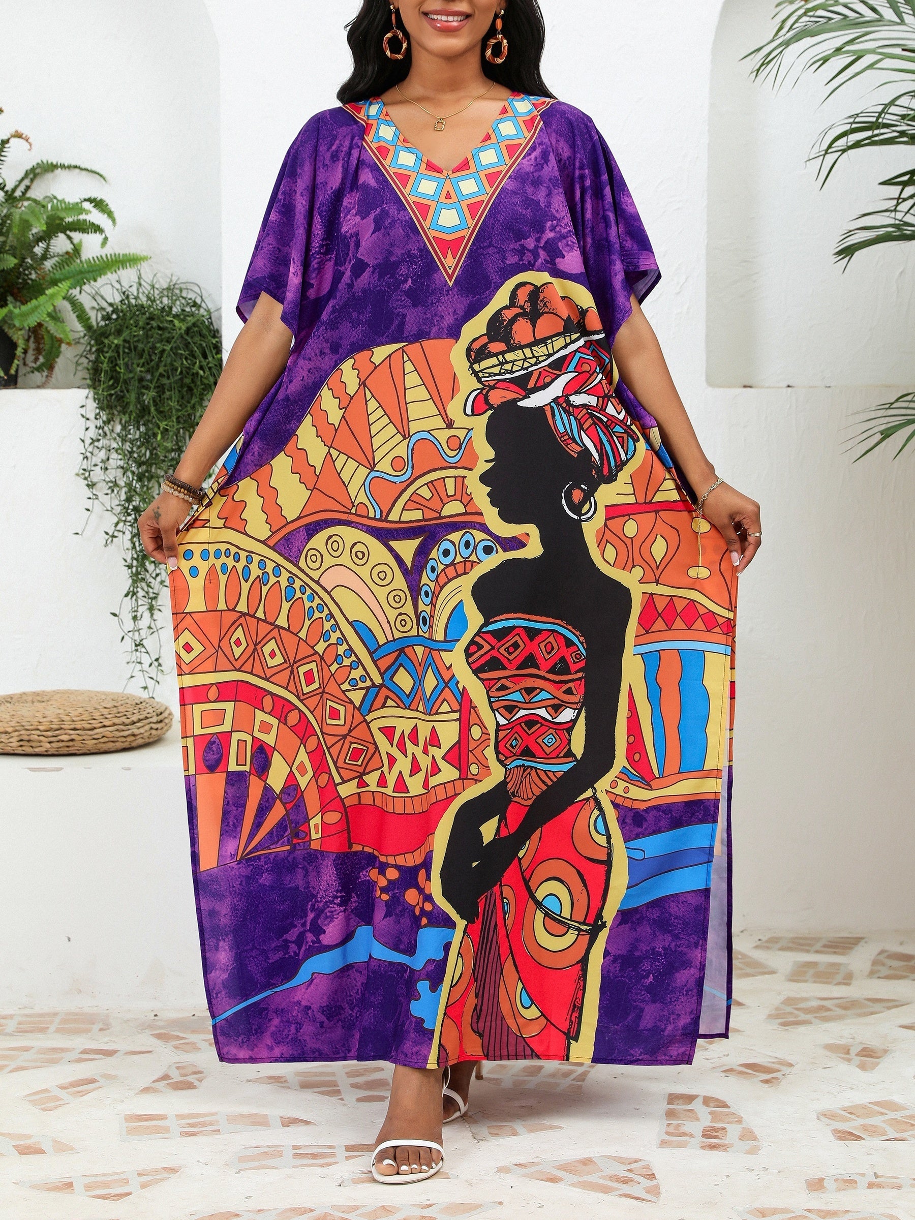 Bohemian African Print V-Neck Maxi Dress – Lightweight Summer Cover-Up with Slit