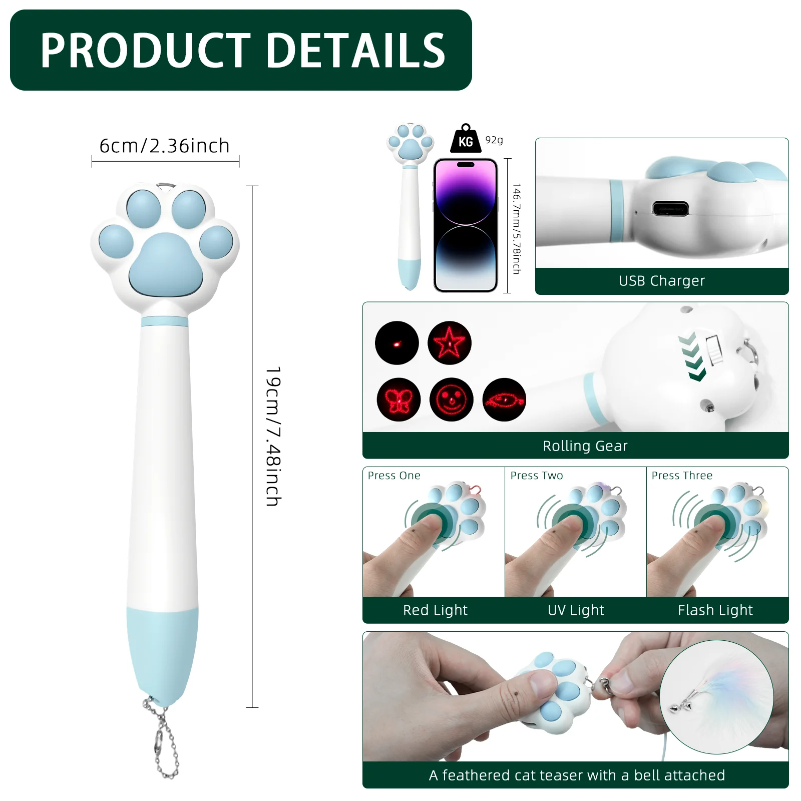 Interactive USB Rechargeable Cat Laser Pointer Toy, Red Dot Play Stick for Cats, Kittens and Small Dogs, Indoor Random Pattern Fun